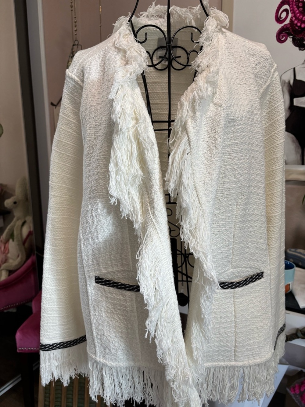 NIC+ZOE White Fringe Open-Front Cardigan Jacket/Blazer 1X